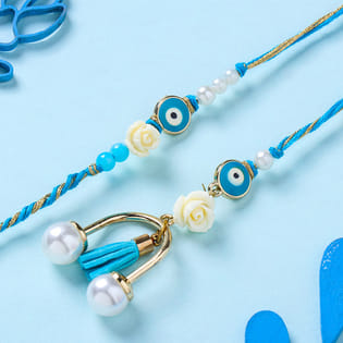 Blue And Golden Threads Evil Eye Bhaiya Bhabhi Rakhi Duo