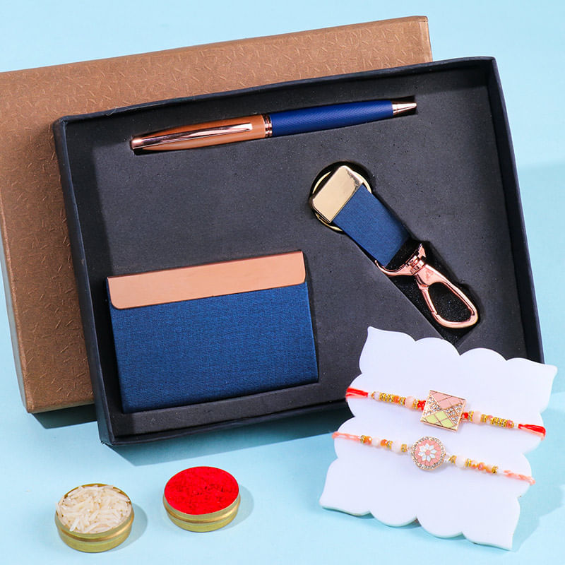 Two Shimmering Designer Rakhis With Mens Gift Set