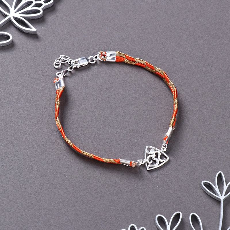 Orange Thread Om Silver Bracelet Rakhi