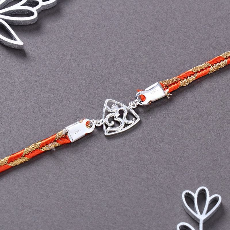 Orange Thread Om Silver Bracelet Rakhi