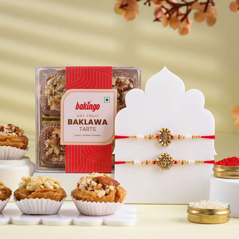 Two Golden Om Rakhis With Baklawa Tarts
