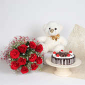 Must Be Love - Combo of red roses bunch with black forest cake and teddy