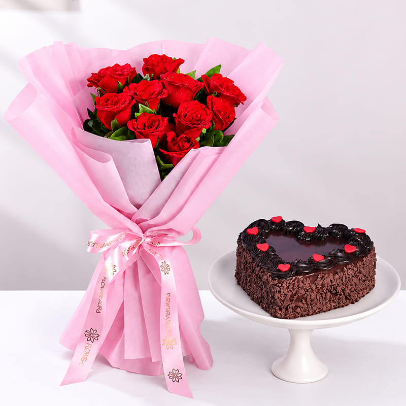 Rosy romance bouquet with heart-shaped chocolate cake
