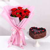 Rosy romance bouquet with heart-shaped chocolate cake
