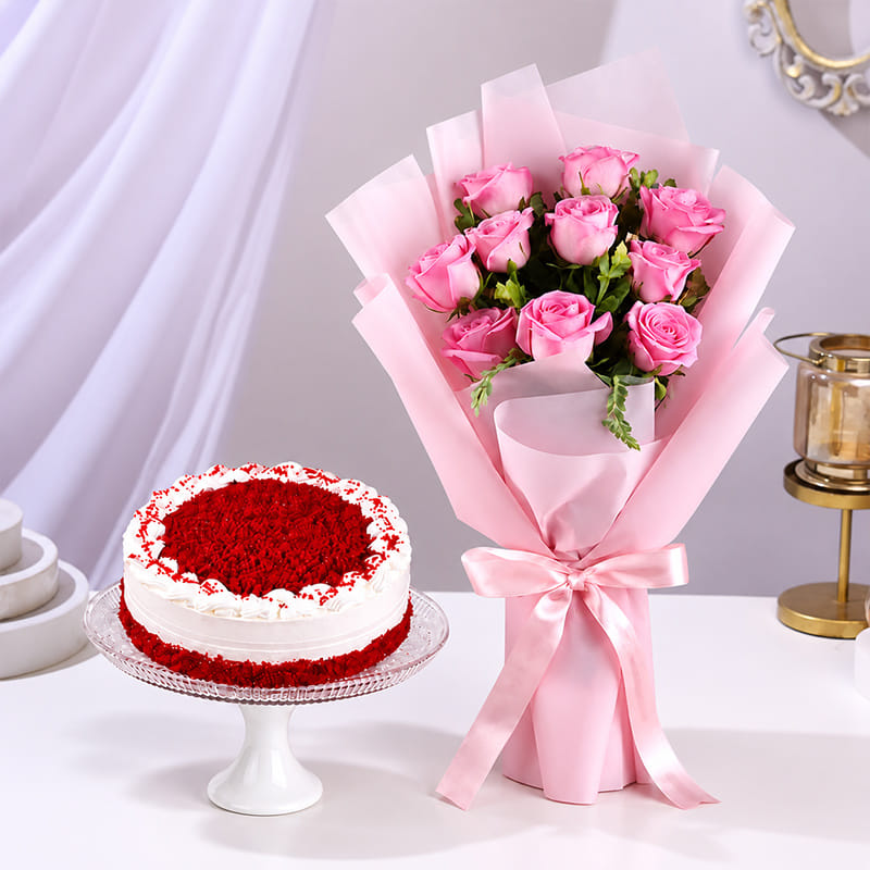 Red Velvet Cake With Pink Rose Bouquet