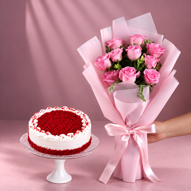 Red Velvet Cake With Pink Rose Bouquet