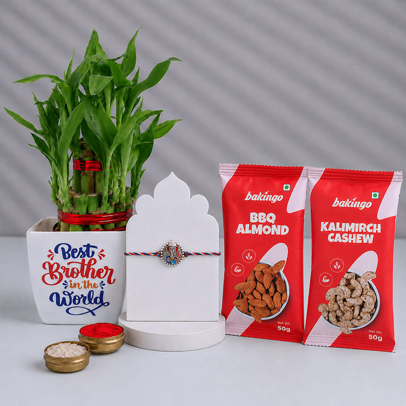 Divine Ganesha Rakhi N Bamboo Plant In Blossom Pot