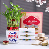 Three Divine Rakhis With Bamboo Plant N Kaju Katli