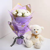 White Carnations Bouquet With Cute Teddy MKTPLC