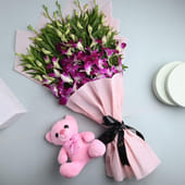 Pink Teddy And Purple Orchid Bouquet MKTPLC