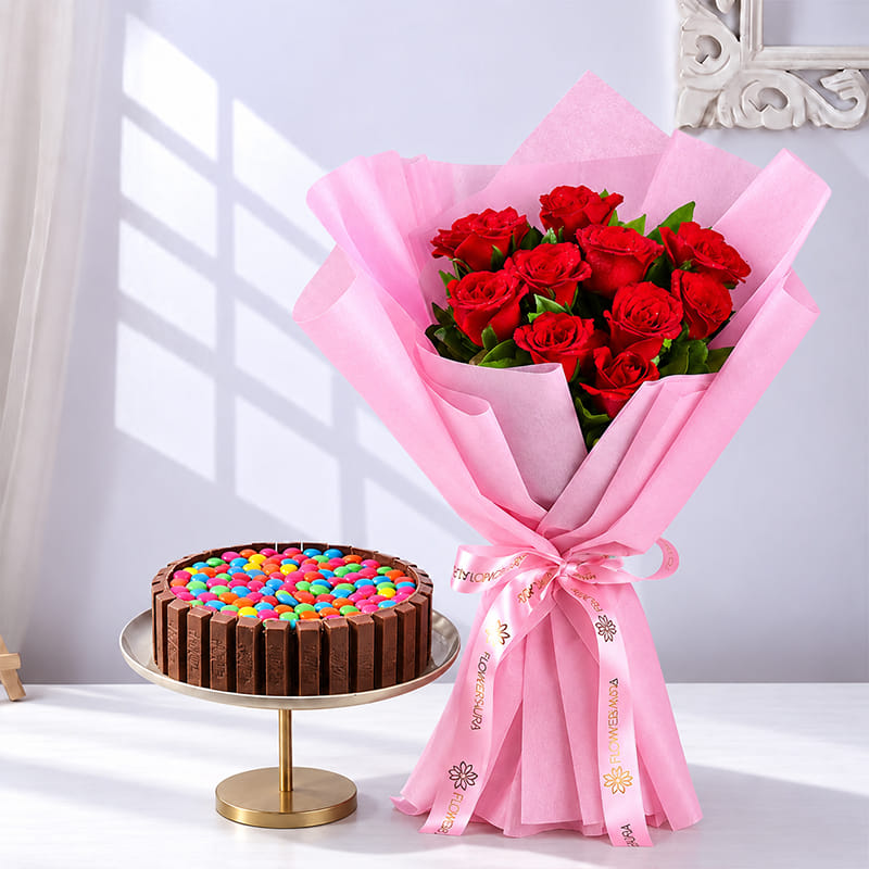 Kitkat Gems Chocolate Cake with Red Roses
