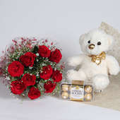 Teddy bear with Roses and Chocolates:10 Red Roses,12 Inches White Teddy Bear and 16 Ferrero Rocher chocolates