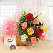 10 Mixed Color Roses Bunch with Roli Chawal