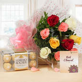 Sisterly Affection Rakhi Gift Hamper - 10 mixed roses with Ferrero Rocher and Roli Chawal