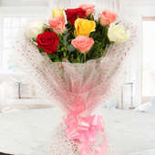 Front view of 10 mixed roses - A gift of Sisterly Affection Rakhi Gift Hamper