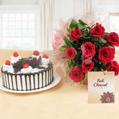 Treasured Bond - Combo of 10 red roses with Half kg Black Forest cake and a pack of Roli & Chawal