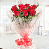 Front view of 10 red roses bunch - A gift of Treasured Bond