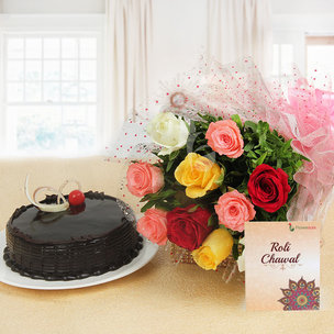Amazing brother Hamper - Mixed roses with Chocolate Truffle Cake and a pack of Roli & Chawal