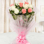 Front view of 5 pink and 5 white roses bouquet - A product of PrecioPrecious N Perfect Combo