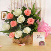10 Pink and White Roses with Roli Chawal