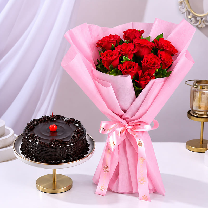 Combo of fresh red roses bouquet and a delectable chocolate truffle cake