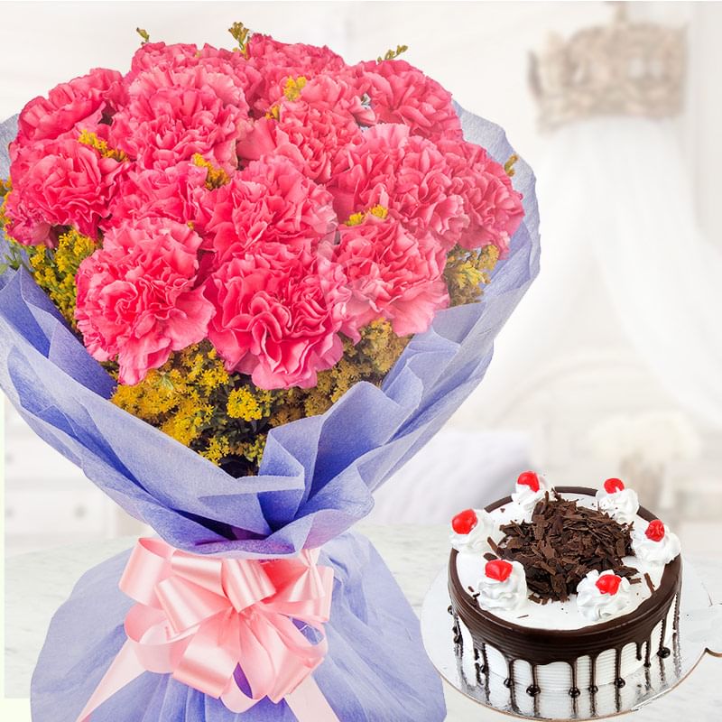 Choco Carnation 15 carnations with half kg black forest cake for Valentine