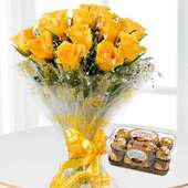 12 Yellow Roses Bunch A Box of 16 Ferrrero Rocher