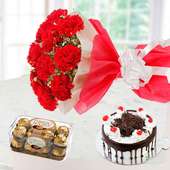 Carnation bunch with black forest cake and Ferrero Rocher chocolate - A delightful combo