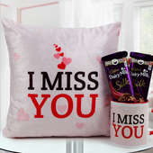 12x12 I Miss You cushion a Red & White I Miss You Mug with 2 Cadbury Dairy Milk Silk