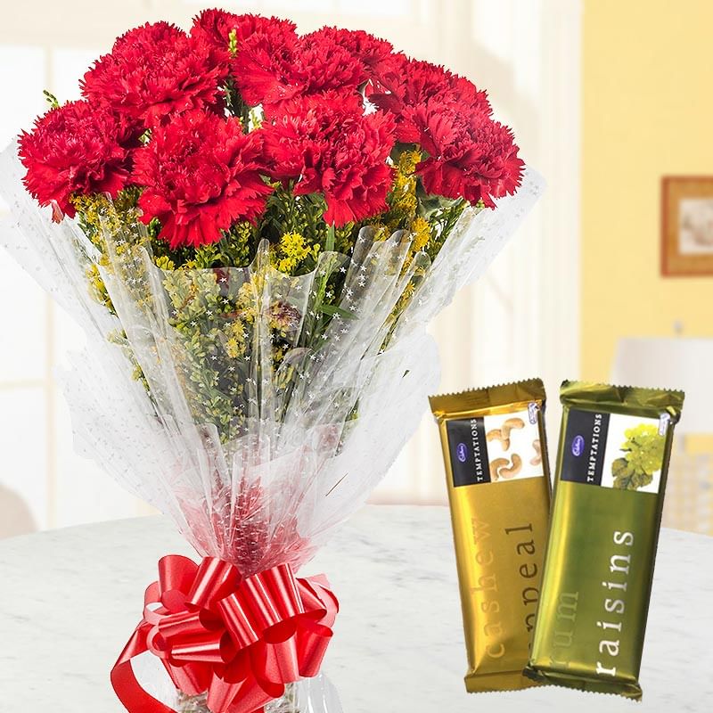 A combo of bunch of 10 red carnations and 2 cadbury temptations