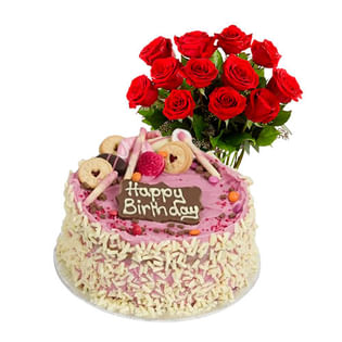 Cake And Red Rose Bouquet Combo