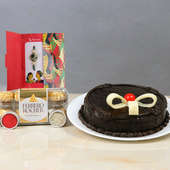 Rakhi with 1/2 KG Chocolate Cake, pack of 16 Pcs Ferrero Rocher