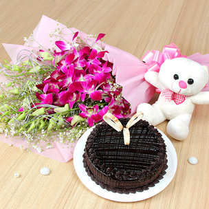 Cuddly Choco Odyssey - A Combo of 6 Orchids with Cake and Teddy