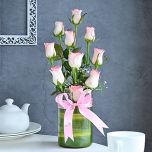 Buy Fresh Pink Roses With Vase Online