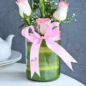 Fresh Pink Roses With Vase - Close Vase View