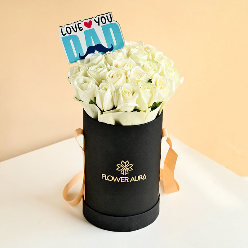 20 White Roses in FlowerAura Black Box