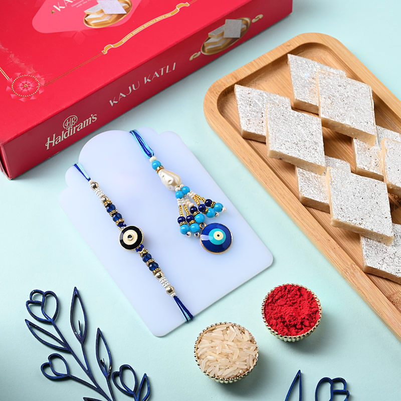 Impeccable Evil Eye Rakhi N Lumba With Kaju Katli