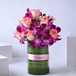 Bunch of Pink Roses & Purple Orchids