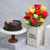 Rose Bouquet Chocolate Cake Combo: Bouquet of Red and Yellow Rose with Chocolate Cake 