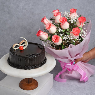 Pink Rose Bouquet with Decadent Choco Truffle Cake