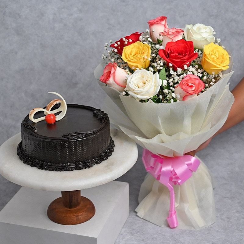 Mixed Roses Paired with Chocolate Truffle Cake