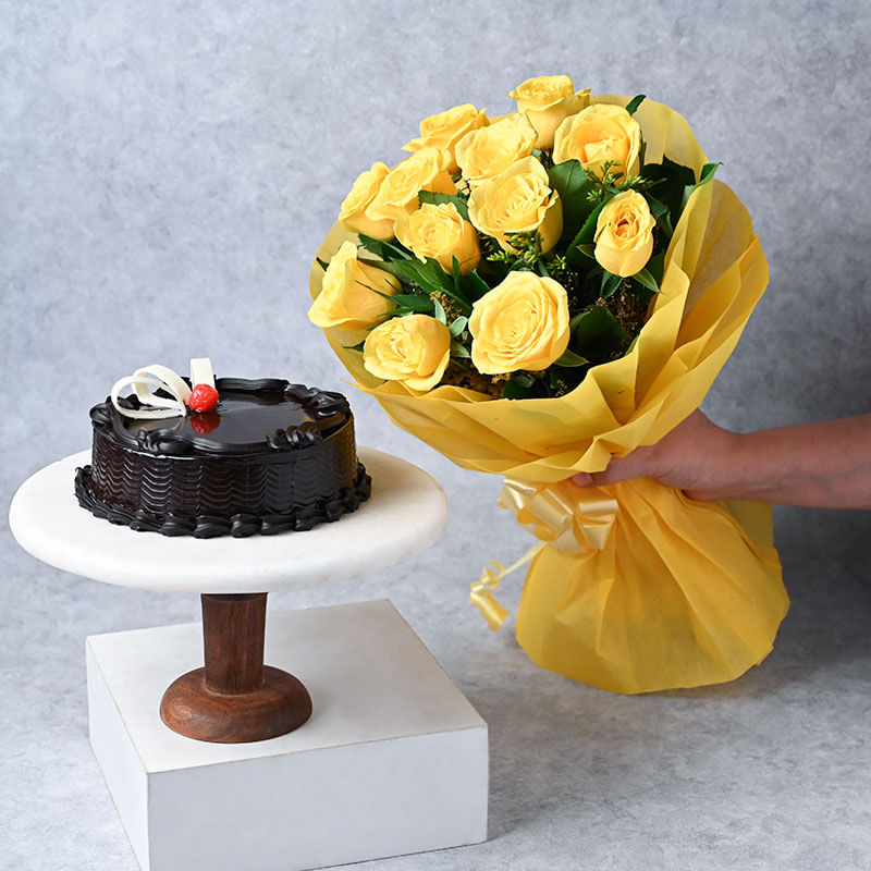 Beautiful Yellow Roses and Rich Truffle Cake Combo