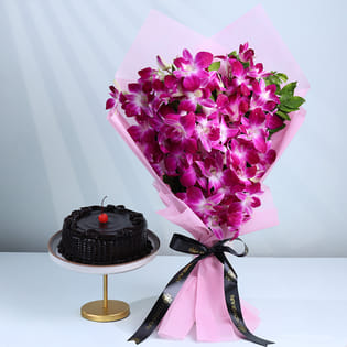 Delicious Chocolate Cake and Orchids Bouquet
