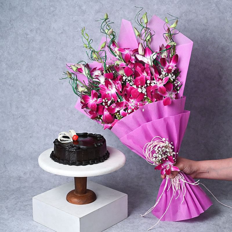 Delicious Chocolate Cake and Orchids Bouquet