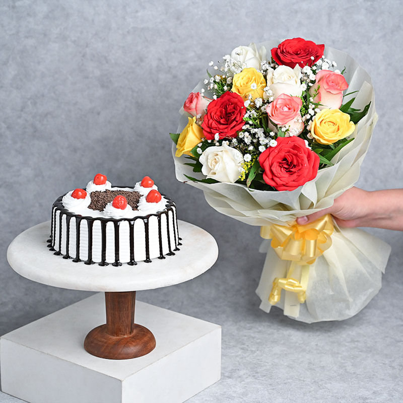 Mix Roses Bouquet with Black Forest Cake