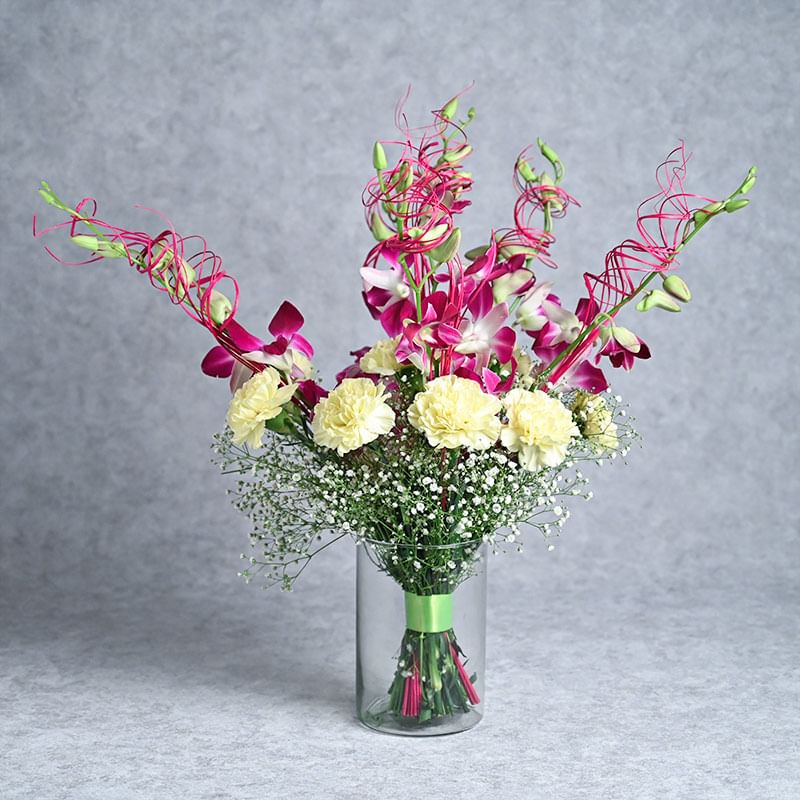 Charming Orchids and Carnations in Glass Vase