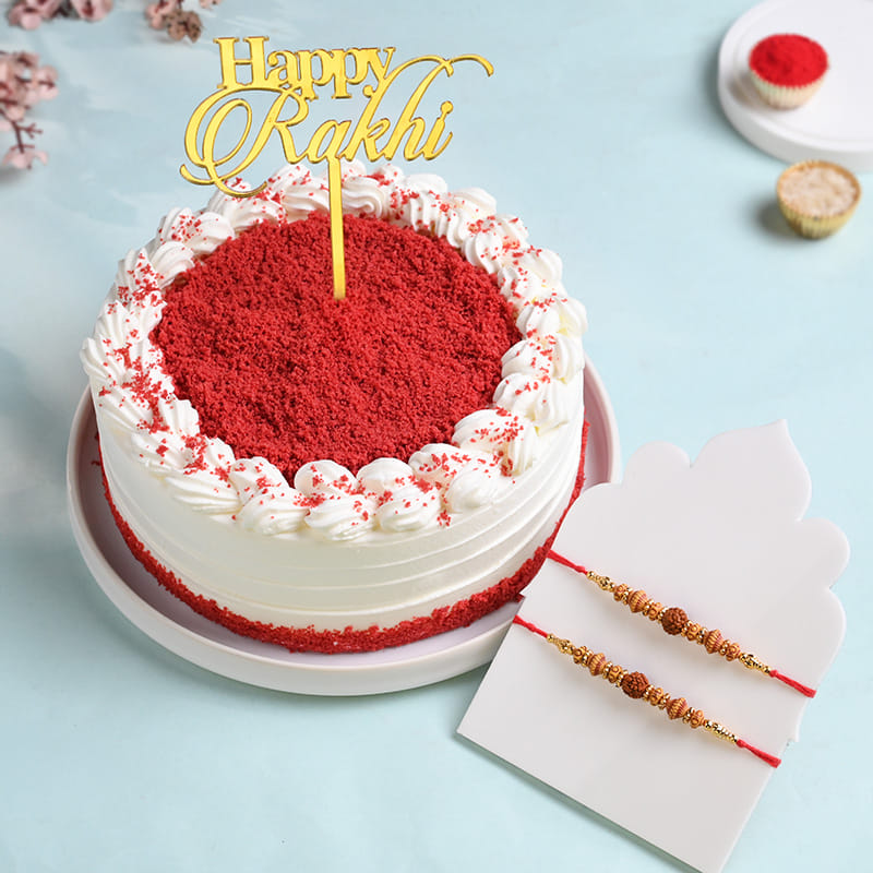 Set Of 2 Rudraksha Rakhi With Red Velvet Cake