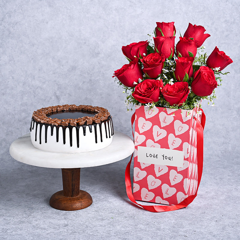 Chocolate Cake And Red Rose Box: Send Flowers And Cake Online