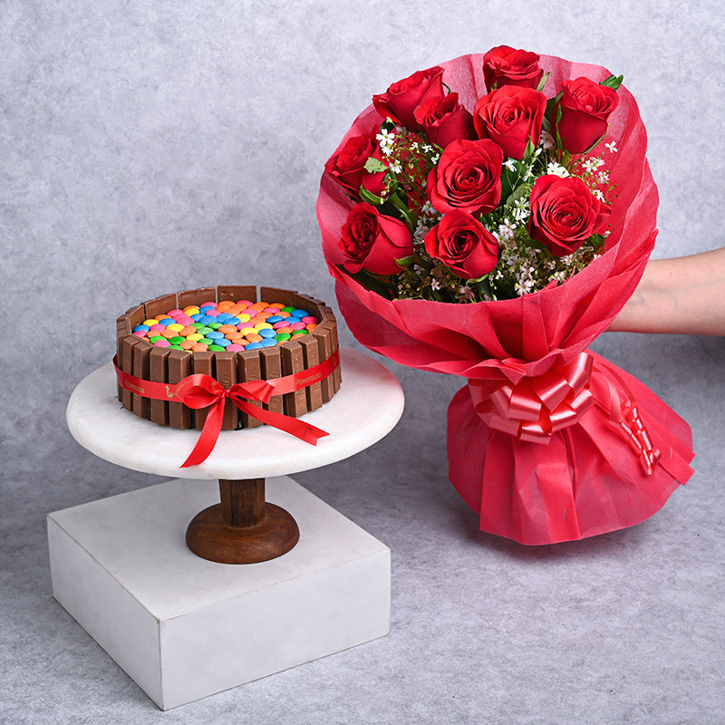 Kitkat Gems Chocolate Cake with Red Roses: Flower and cake delivery online