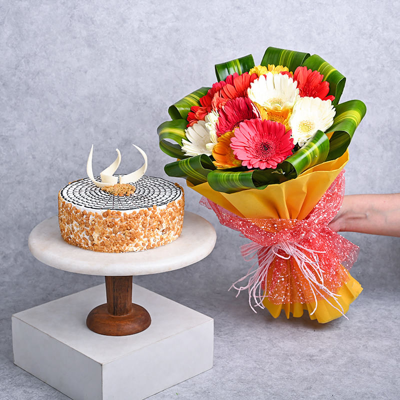 Order Butterscotch Cake Along With Gerberas Bunch